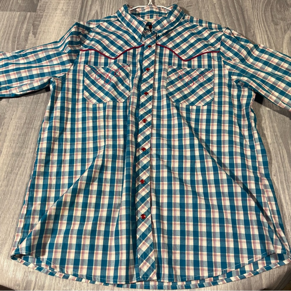 Brit & Brindle Turquoise Blue Pink Gem Buttons Western Shirt; Large Women’s